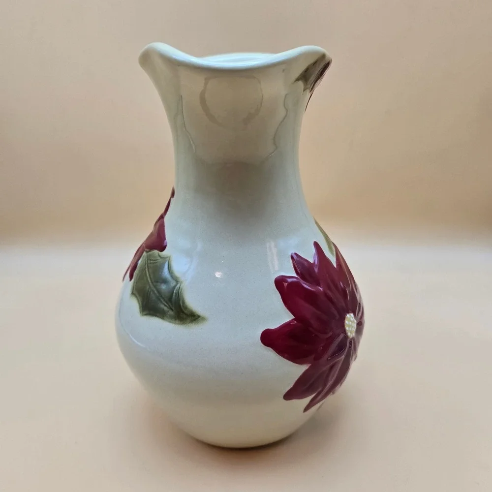 Christmas Poinsettia Ceramic Pitcher‎ Red Green Holiday Floral Serving Vase 8.5